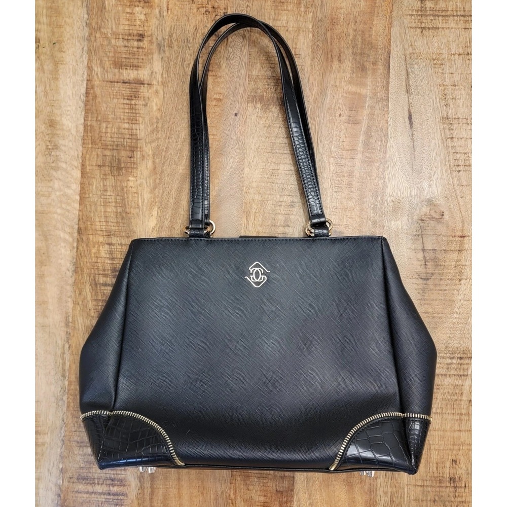Glass Ladder & Co‎ Michelle Tote Black Vegan Faux Leather Alligator Cup Holder